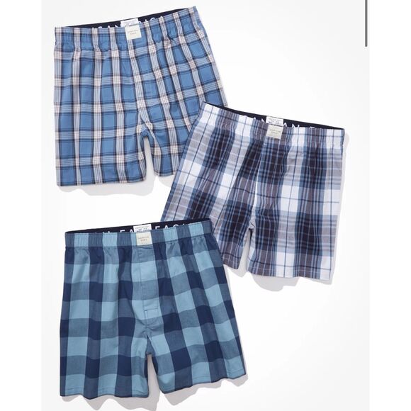NEW AMERICAN EAGLE 3-Pack Stretch Boxers Sz Small Blue Plaid Gingham underwear - Picture 1 of 7